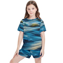 Waves Wave Water Blue Sea Ocean Abstract Kids  Tee And Sports Shorts Set