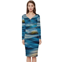 Waves Wave Water Blue Sea Ocean Abstract Long Sleeve V-neck Bodycon Dress  by Salman4z