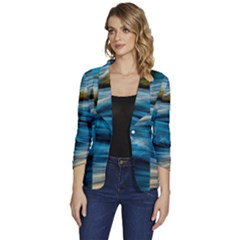 Waves Wave Water Blue Sea Ocean Abstract Women s One-button 3/4 Sleeve Short Jacket by Salman4z