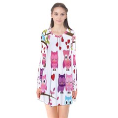 Owl Pattern Long Sleeve V-neck Flare Dress by Salman4z