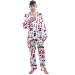 Owl Pattern Men s Long Sleeve Satin Pajamas Set by Salman4z