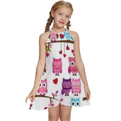 Owl Pattern Kids  Halter Collar Waist Tie Chiffon Dress by Salman4z