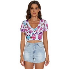 Owl Pattern V-neck Crop Top by Salman4z