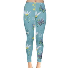 Butterflies Flowers Blue Background Spring Pattern Leggings  by Ravend