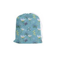 Butterflies Flowers Blue Background Spring Pattern Drawstring Pouch (medium) by Ravend