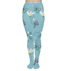 Butterflies Flowers Blue Background Spring Pattern Tights by Ravend