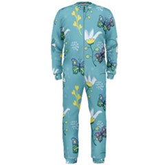 Butterflies Flowers Blue Background Spring Pattern Onepiece Jumpsuit (men) by Ravend