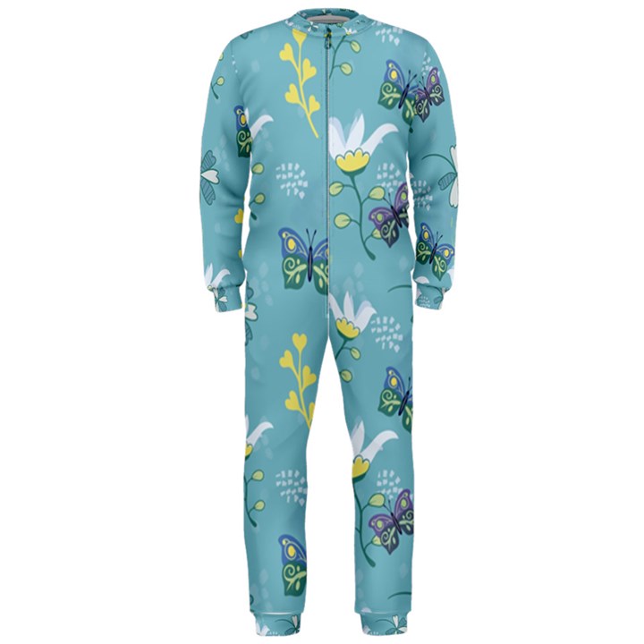 Butterflies Flowers Blue Background Spring Pattern OnePiece Jumpsuit (Men)