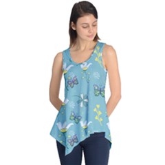 Butterflies Flowers Blue Background Spring Pattern Sleeveless Tunic by Ravend