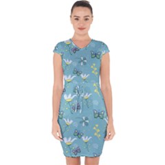 Butterflies Flowers Blue Background Spring Pattern Capsleeve Drawstring Dress  by Ravend