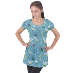 Butterflies Flowers Blue Background Spring Pattern Puff Sleeve Tunic Top by Ravend