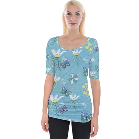 Butterflies Flowers Blue Background Spring Pattern Wide Neckline Tee by Ravend