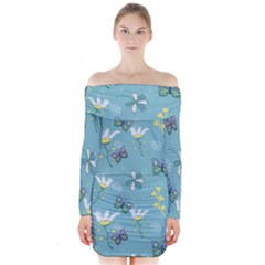 Butterflies Flowers Blue Background Spring Pattern Long Sleeve Off Shoulder Dress by Ravend