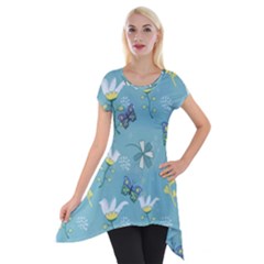 Butterflies Flowers Blue Background Spring Pattern Short Sleeve Side Drop Tunic by Ravend