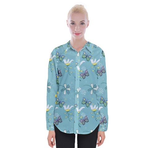 Butterflies Flowers Blue Background Spring Pattern Womens Long Sleeve Shirt by Ravend