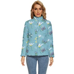 Butterflies Flowers Blue Background Spring Pattern Women s Puffer Bubble Jacket Coat