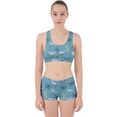 Butterflies Flowers Blue Background Spring Pattern Work It Out Gym Set by Ravend