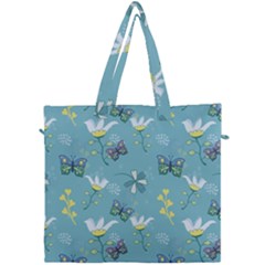 Butterflies Flowers Blue Background Spring Pattern Canvas Travel Bag by Ravend