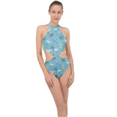 Butterflies Flowers Blue Background Spring Pattern Halter Side Cut Swimsuit by Ravend