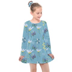 Butterflies Flowers Blue Background Spring Pattern Kids  Long Sleeve Dress by Ravend