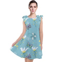 Butterflies Flowers Blue Background Spring Pattern Tie Up Tunic Dress by Ravend