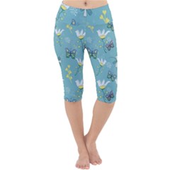 Butterflies Flowers Blue Background Spring Pattern Lightweight Velour Cropped Yoga Leggings by Ravend