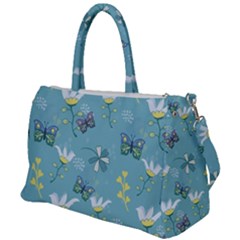 Butterflies Flowers Blue Background Spring Pattern Duffel Travel Bag by Ravend