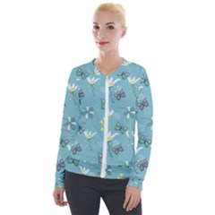 Butterflies Flowers Blue Background Spring Pattern Velvet Zip Up Jacket by Ravend