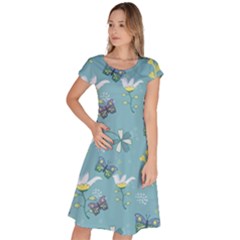 Butterflies Flowers Blue Background Spring Pattern Classic Short Sleeve Dress by Ravend