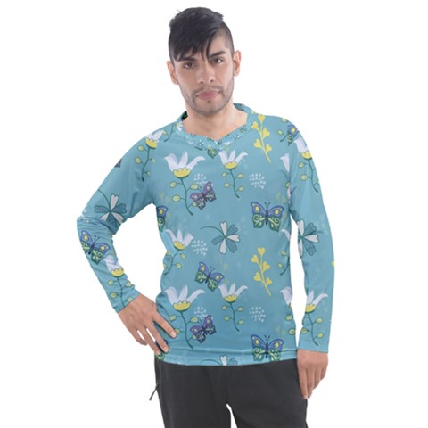 Butterflies Flowers Blue Background Spring Pattern Men s Pique Long Sleeve Tee by Ravend