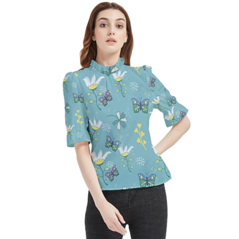 Butterflies Flowers Blue Background Spring Pattern Frill Neck Blouse by Ravend