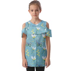 Butterflies Flowers Blue Background Spring Pattern Fold Over Open Sleeve Top by Ravend