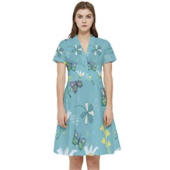 Butterflies Flowers Blue Background Spring Pattern Short Sleeve Waist Detail Dress by Ravend