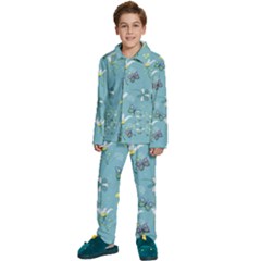 Butterflies Flowers Blue Background Spring Pattern Kids  Long Sleeve Velvet Pajamas Set by Ravend