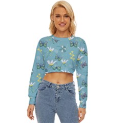 Butterflies Flowers Blue Background Spring Pattern Lightweight Long Sleeve Sweatshirt by Ravend