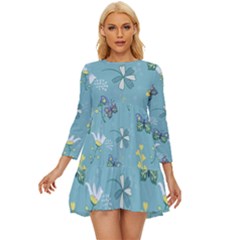 Butterflies Flowers Blue Background Spring Pattern Long Sleeve Babydoll Dress by Ravend