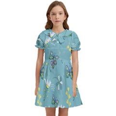 Butterflies Flowers Blue Background Spring Pattern Kids  Bow Tie Puff Sleeve Dress by Ravend