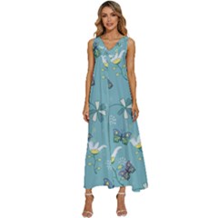 Butterflies Flowers Blue Background Spring Pattern V-neck Sleeveless Loose Fit Overalls by Ravend