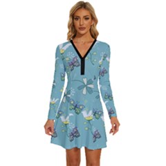 Butterflies Flowers Blue Background Spring Pattern Long Sleeve Deep V Mini Dress  by Ravend