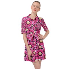 Pattern Scrapbooking Flowers Bloom Decorative Belted Shirt Dress by Ravend