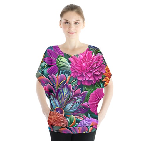 Flowers Nature Spring Blossom Flora Petals Art Batwing Chiffon Blouse by Ravend