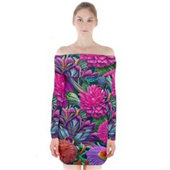 Flowers Nature Spring Blossom Flora Petals Art Long Sleeve Off Shoulder Dress by Ravend