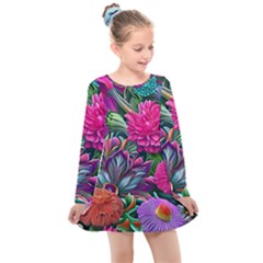 Flowers Nature Spring Blossom Flora Petals Art Kids  Long Sleeve Dress by Ravend