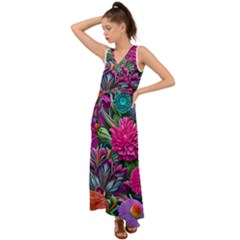 Flowers Nature Spring Blossom Flora Petals Art V-neck Chiffon Maxi Dress