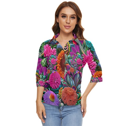 Flowers Nature Spring Blossom Flora Petals Art Women s Quarter Sleeve Pocket Shirt by Ravend