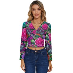 Flowers Nature Spring Blossom Flora Petals Art Long Sleeve V-neck Top by Ravend