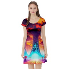 Sci-fi Fantasy Art Painting Colorful Pattern Short Sleeve Skater Dress by Ravend