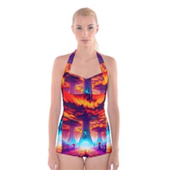 Sci-fi Fantasy Art Painting Colorful Pattern Boyleg Halter Swimsuit  by Ravend