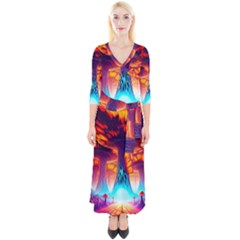 Sci-fi Fantasy Art Painting Colorful Pattern Quarter Sleeve Wrap Maxi Dress by Ravend