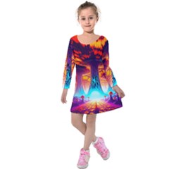 Sci-fi Fantasy Art Painting Colorful Pattern Kids  Long Sleeve Velvet Dress by Ravend